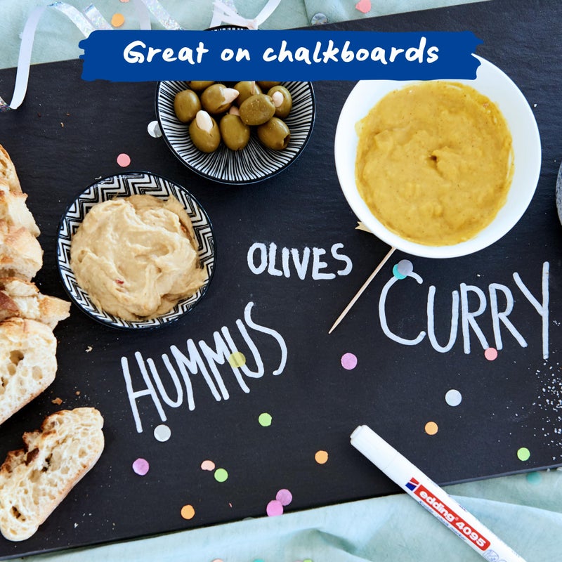 edding 4095 Set-White (2X), Yellow, Orange, Pink Round Nib 2-3 mm-Wet Wipe chalkboards, Windows, Glass, Mirrors-Liquid Chalk Marker Opaque Coverage, 5 pen, 21: Set of 5-Multi-Coloured - Image 4